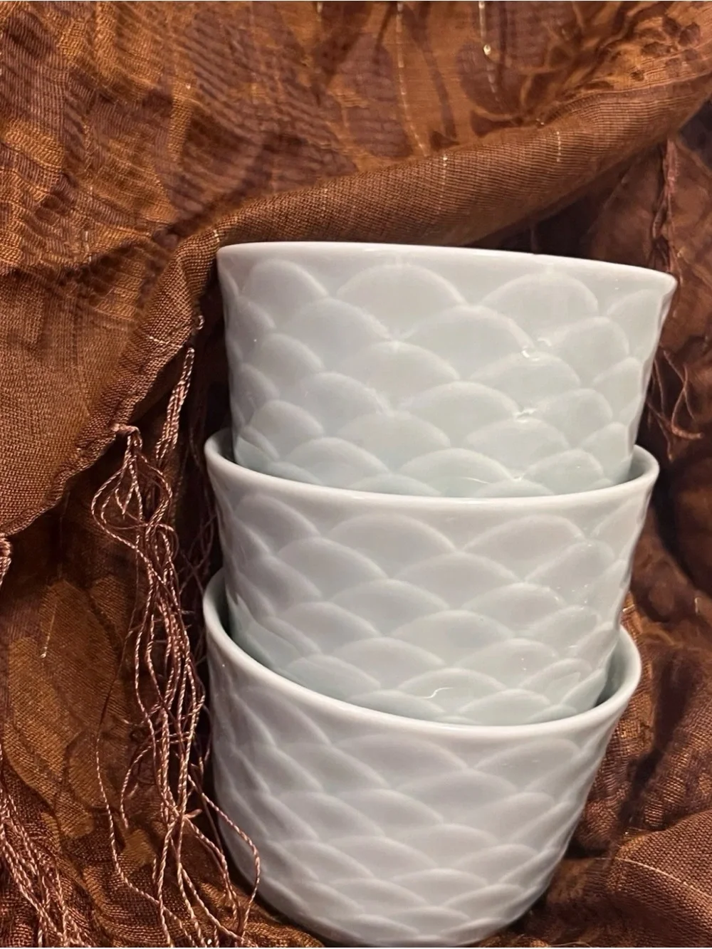 Rare Vtg Horchow Japan Celadon Seigaiha Tea Cups Set of 3 Blue Green pre y2k